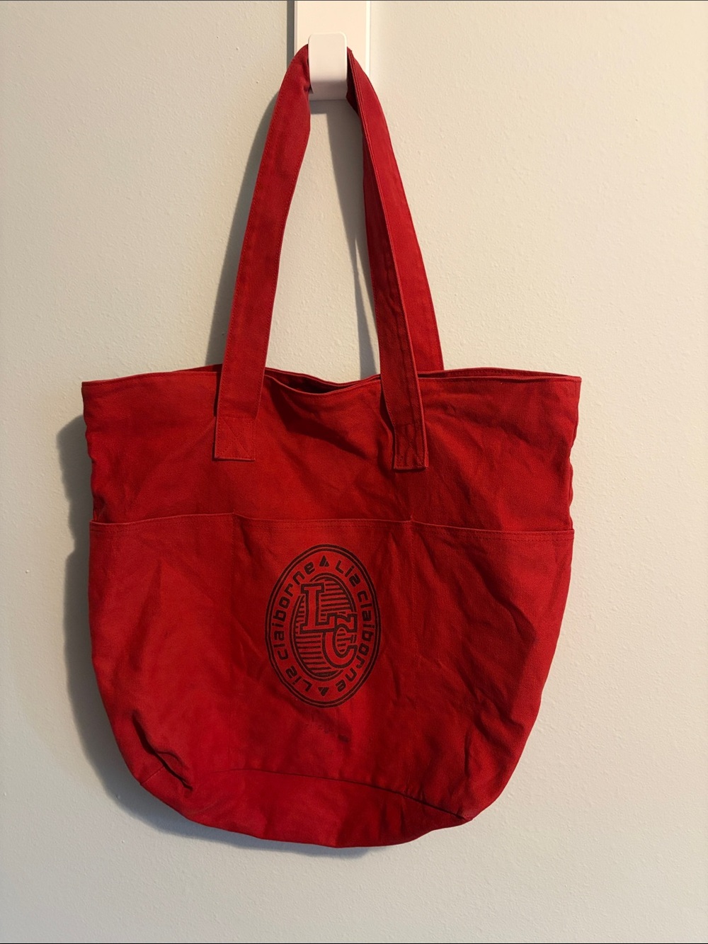 Vintage 1990s Liz Claiborne Red Canvas Tote with Embossed Logo